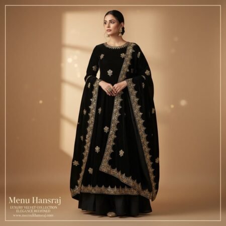 Black velvet ethnic long Anarkali-style suit