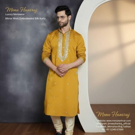 Mustard Yellow Embroidered Silk Kurta Set